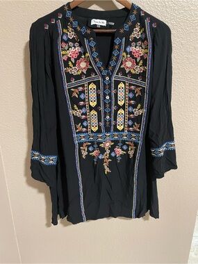 Time for Me Black Embroidered Tunic Top - Floral Boho